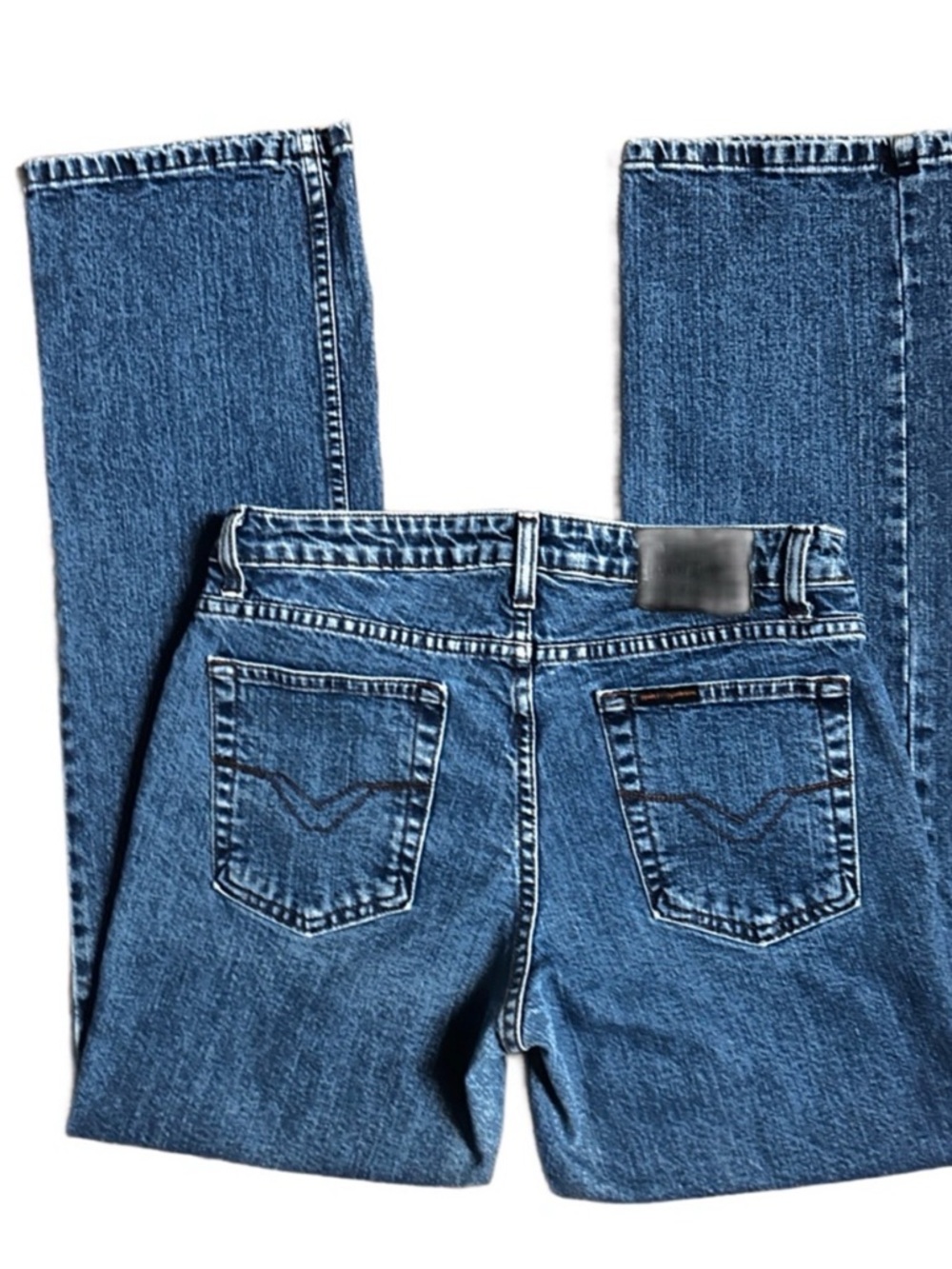 Harley-Davidson Blue Denim Bootcut Jeans with Brown Leather Patch - Picture 3 of 9